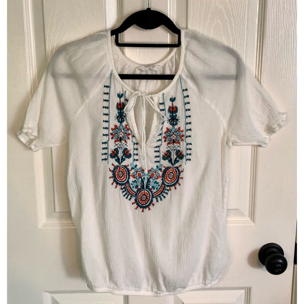 Lucky Brand White Peasant Blouse with Blue and Orange Embroidery